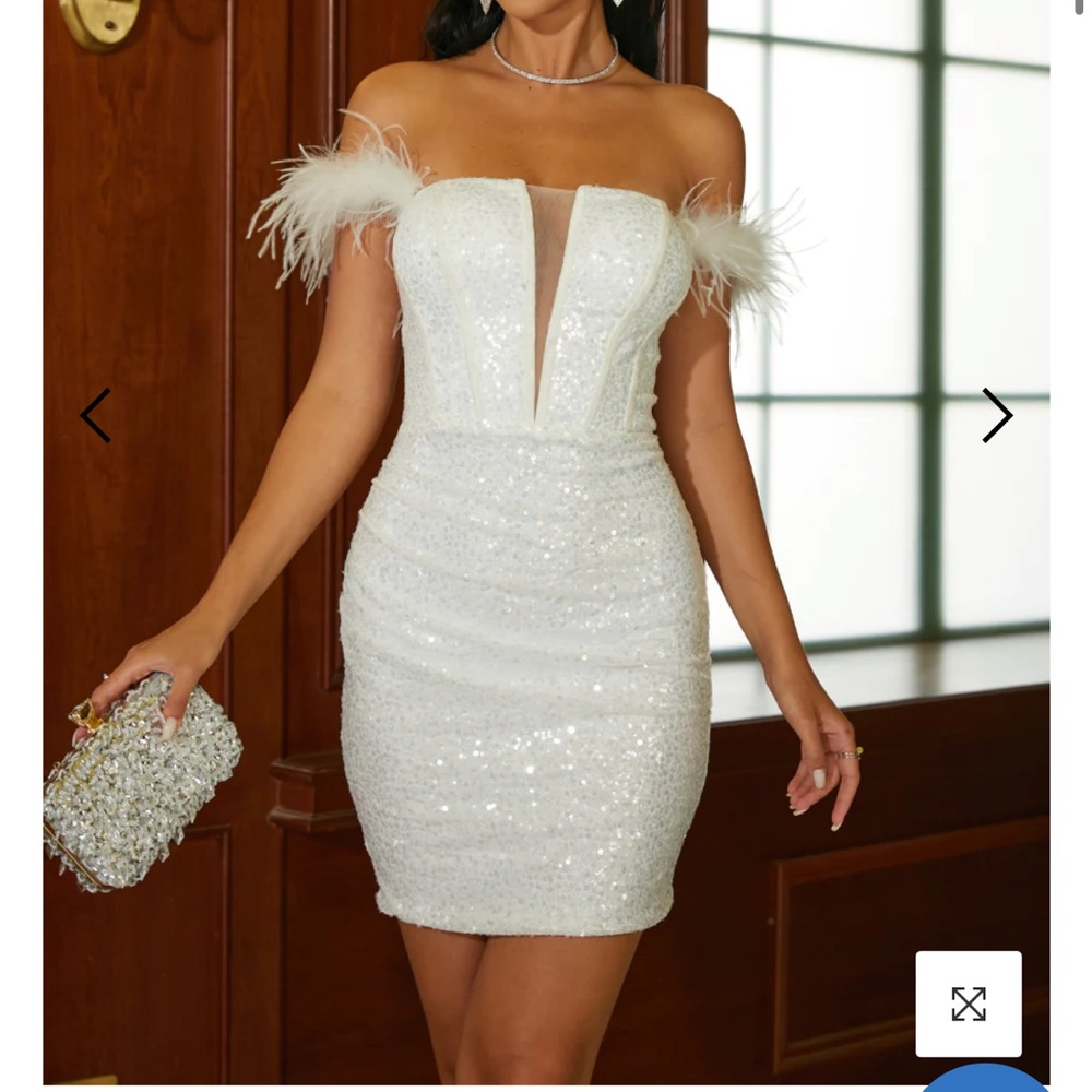 Off-Shoulder Feather White Sequin Bodycon Dress